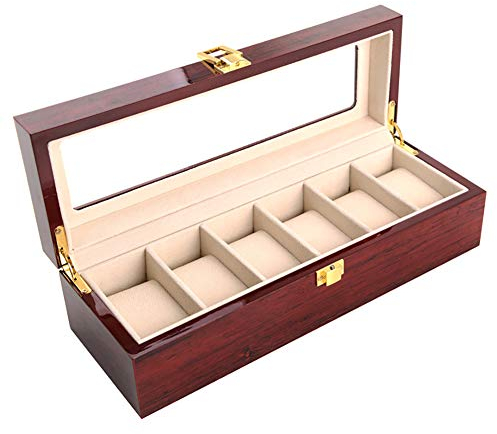 Naturer Luxus Uhrenbox Herren Holz Glas für 6 Uhren mit Glasfenster Kissen Uhrenschatulle Watchbox Uhren Aufbewahrung mit Glasdeckel Kirsche