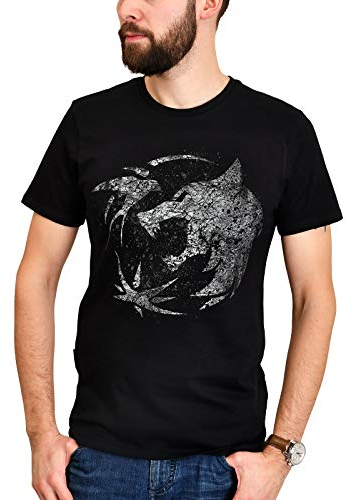 Elbenwald T-Shirt Homme emblème du Loup pour Les Fans de Witcher Coton Noir - L