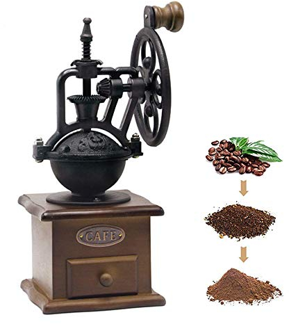 Manuelle Kaffeemühle Antike gusseiserne Handkurbel-Kaffeebohnenmühle mit Mahlgrad und Auffangschublade