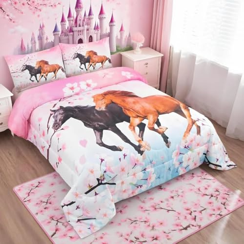 Set di biancheria da letto per bambini Chic Cherry Blossom Biancheria da letto Trapunta galoppo cavallo stampato trapunta 3D animale selvaggio set Trapunta camera da letto