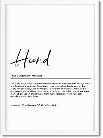 Urhome Kunstdruck Definition Hund mit Bilderrahmen Weiß in DIN A3 - Worterklärung wie im Duden Lexikon Wandbild Wanddeko mit Spruch Holz Rahmen für Wohnung Familie Freunde Geschenk
