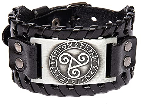 TQWSVUM Nordiques Triskel Symbole Viking Bracelet en Cuir, Amulette de Bracelet de Manchette en Cuir for Hommes, Boucle Réglable Bijoux de Bracelet en Corde Tressée en Cuir Large(Silver)