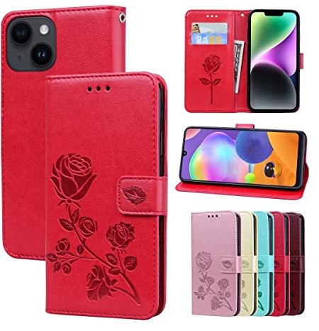 RankOne Étui Portefeuille en Cuir pour iPhone 14 (6.1 inches), avec Porte-Cartes Rose Pattern Design Cover Coque Housse Case - Rouge