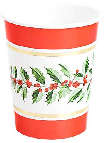 Horeca Collection 6 Unidades - Vasos Desechables Cartón 270 CC con Temática Acebo en Color Rojo con diseño de Acebo. Vaso Cartón Biodegradable Navidad, 100% Reciclable Celebraciones y Eventos.