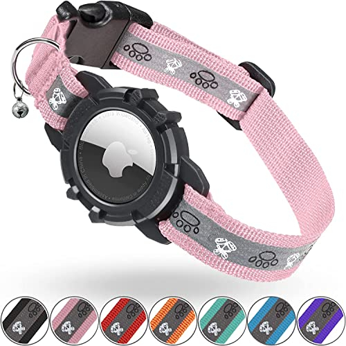 AirTag Katzenhalsband, Reflektierend Air Tag Halsband Katze, GPS Katzenhalsband mit Verstellbares und Glocke, Integriertes Apple Air Tag Katzen Halsband, Geeignet Für Katzen Welpen[Rosa][XS]