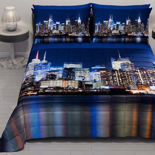 PETTI Artigiani Italiani - Sommer-Tagesdecke für Doppelbett, 260 x 270 cm, 100 g/m², wendbar, für Doppelbett, Frühling, leichte Steppdecke, New York, 100% Made in Italy