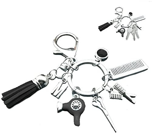 Dinntty Schlüsselanhänger aus Metall, Mini-Friseur-Schlüsselanhänger, Haartrockner, Kämme, Schere, Anhänger, Schlüsselanhänger, Tasche zum Aufhängen