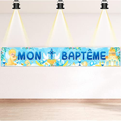 DPKOW Bleu Mon Baptême Bannière pour Enfants Garçon Baptême Décoration Bleu, Bannière en Tissu pour Garçon Bébé Mon Baptême Décoration Intérieur Extérieur Baptême pour Garçon, 270 * 40cm