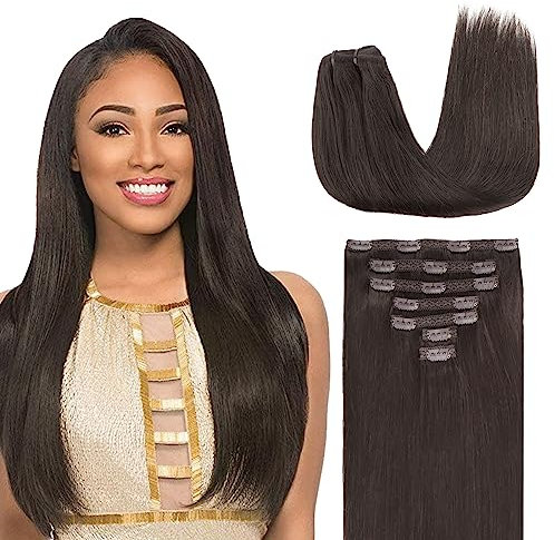 Lashey Clip in Extensions Echthaar, 35cm(14 Zoll) 7 Stück 120g Remy Menschlich Clips in Haarverlängerung, #2 Dunkel Braun Gerade Echthaar Extensions Clip