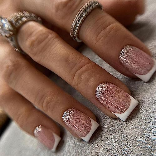 TMUT 24pcs Square False Nails French Tip Stick on Nails Pink Glitter Press on Nails White Edge Removable Glue-on Nails Full Cover Fake Nails Women Girls Nail Art Accessories, Variety Pack