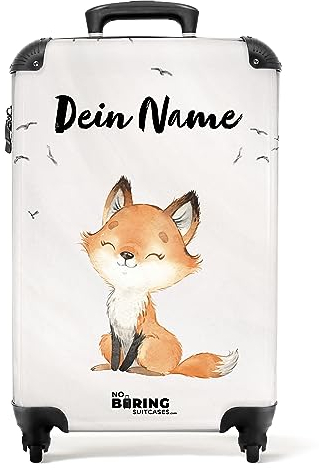 NoBoringSuitcases.com® Koffer personalisiert, Kinder Koffer 55x40x20cm Handgepäck Trolley, Kindergepäck - Kinder Handy - Fuchs mit Vögeln - Leicht - Koffer mit Namen Initialen Fotokoffer