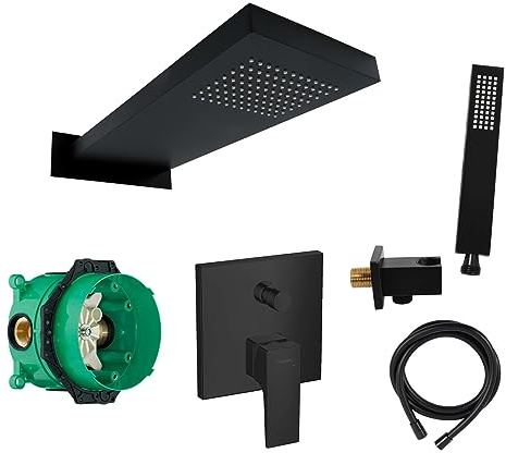 vanvilla Duschsystem Unterputz mit Duscharmatur Hansgrohe schwarz HGS44 | Duscharmatur von Hansgrohe Metropol Einhebelmischer und vanvilla Regendusche Duschkopf eckig, Dusch-SET schwarz matt