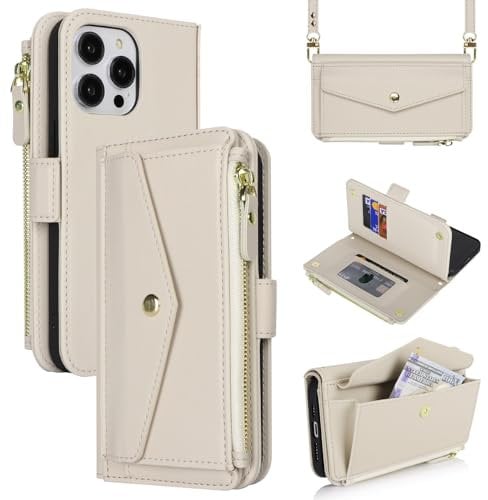 Zouzt for iPhone 14 Pro Wallet Case for Women, Purse with Credit Card Holder Slots Crossbody Lanyard Strap Zipper Flip Book Shockproof Protective Phone Cover for Apple 14 Pro 6.1 Inch (White)