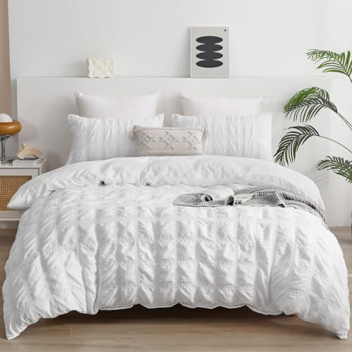 Fondream White Seersucker Duvet Cover King Size Pompom Tassels Design Bedding Set Textured Bedding Set with Zipper Closure (White, 220x230cm)