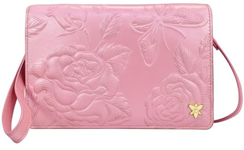 Anuschka Borsa Organizer a Tracolla 4 in 1 in vera pelle dipinta a mano - Tooled Rose Pearl Pink