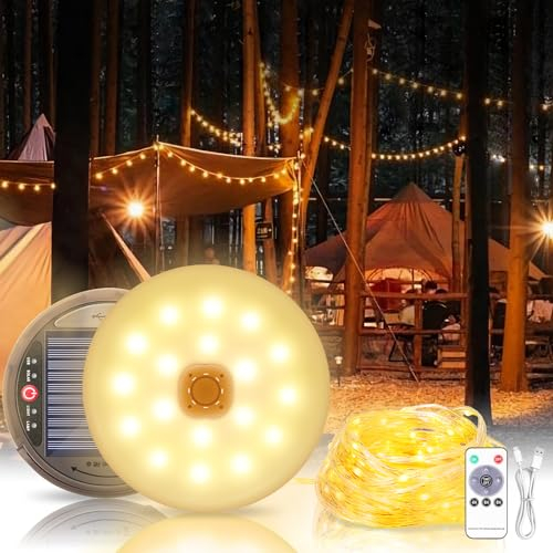FLSEPAMB 12M Solar Camping Lichterkette Aufrollbar, 3600mAh Solar + USB Camping Licht als Powerbank fungieren, 8 Lichtmodi mit Fernbedienung Led Lichterkette für Balkon, Außendekoration