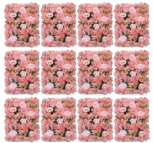 unkonwcy KüNstliche Blumenwand Rosenwand Hochzeit Hintergrund Dekor Rosa Blume Wandpaneel Blumenpaneele Kunstblumen Deko Hellrosa Blumengestecke Hortensien Dekoblumen Balkon Garten 12 StüCk 40X60cm