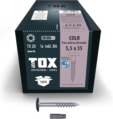 TOX Fassadenschrauben COLR 5,5 x 35 mm A4 SG, 100 Stk. | Edelstahl A4, farbiger Tellerkopf, korrosions- und UV-beständig, für Fassadenplatten, inkl. Bit, 113087415535/SG