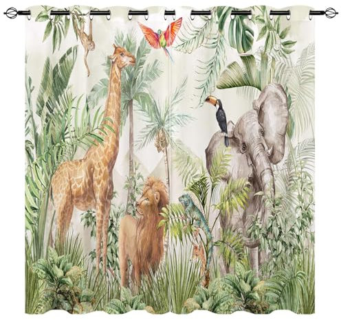 YUANZU Safari Tiere Vorhänge Tropisch Giraffe Löwe Elefant Ösen Gardinen mit Blickdichte Vorhang Kälteschutz Blackout Curtain Kinderzimmer Schlafzimmer Verdunkelung Fenster, 2 Stück, H 160 x B 106 cm