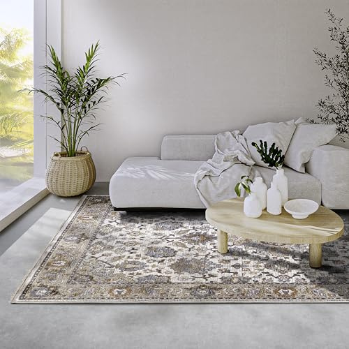 Villeroy & Boch Kurzflor Teppich Egon - Orientalischer Wohnzimmerteppich - Klassischer Fransenteppich für Wohnzimmer, Schlafzimmer, Esszimmer, Flur – Creme Multifarben, 200x265cm