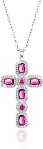 Linawe Silber Kreuzkette Kreuz Kette Silberkette Halskette Damen, Pink Rosa Diamant Kettenanhänger Kristall Geburtsstein Kette mit Kreuz Anhänger, Damenkette Schmuck Jewelry