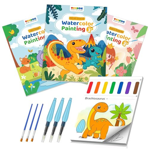 TECJOE 3er-Pack Malbücher mit Wasserfarben für Kleinkinder, Aquarellfarben-Set mit 6 Pinseln, Malaktivität, Kunst- und Bastelspielzeug (Wald & Prinzessin & Dinosaurier)
