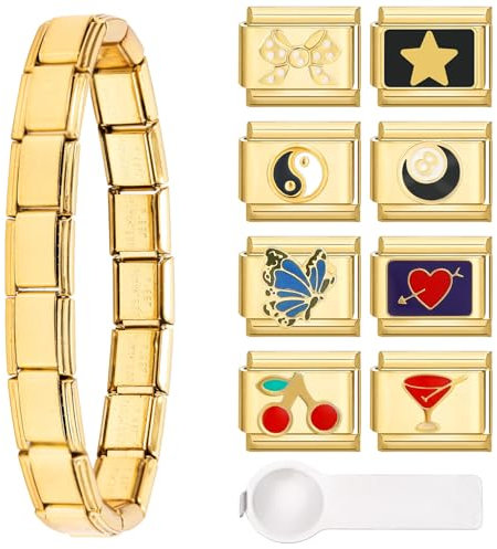 Kunoli Italienisches Charm Armband Gold, 8 Charms Set, DIY 9mm Abnehmbare Module für Armbänder, für Damen und Mädchen (A)