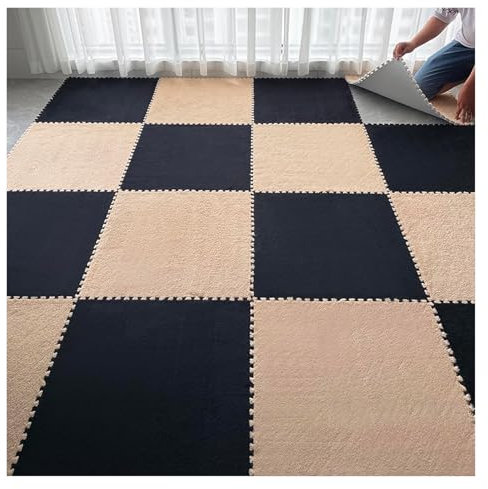 Foam Floor Mat,12 And 24 Inch Plush Puzzle Foam Floor Mat,Interlocking Playmat,Soft Fluffy Carpet Tiles For Living Room,4 Pcs(Black+apricot,23.6x23.6 Inch)