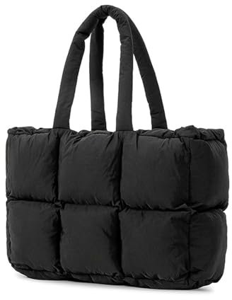 Umhängetasche Damen Große Puffer Tote Bag Handtasche Gesteppte Shopper Tasche mit Reißverschluss, Handtasche Einfarbig Schultertasche Puffy Shopper für Arbeit, Reise Einkauf und Alltag (Schwarz)