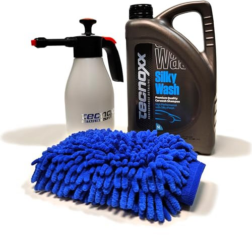 Tecnoxx Kit Exterior Pro - Set de Limpieza para Coche con Foamer Pulverizador de Espuma, Champú Detergente Espumante Ultra Activo Silky Wash y Manopla de Microfibra - Brillo y Limpieza Profesional