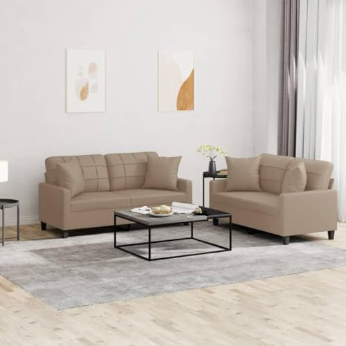 2-TLG. Sofagarnitur mit Kissen Cappuccino-Braun Kunstleder,Edle Couchgarnitur aus braunem Kunstleder gemütlich und langlebig für Dein Wohnzimmer Wohnzimmer, Sofas