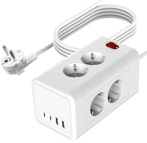 8 Fach Mehrfachsteckdose mit USB-C | Steckdosenleiste mit Schalter& Überlastschutz & 2m Kable | 16A 3680W | für Büro und Zuhause | Weiß