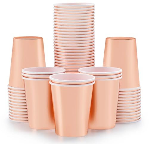 Rose Gold Paper Cups 9oz [50 pack] Disposable Party Paper Cup for Hot and Cold Drinks as Tea, Coffee, Milk, Juice, Beverages Rose Gold Party Decorations for Picnic Home Party Birthday Wedding Anniver