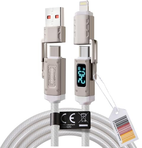 AMATHINGS 4-in-1 LED Display Fast Charging Cable in White, 240 W, Multi USB Cable, USB C to Lightning/Type C to USB C/USB A to Lightning/USB A to USB C Multi Charging Cable (240W, 1.2M)