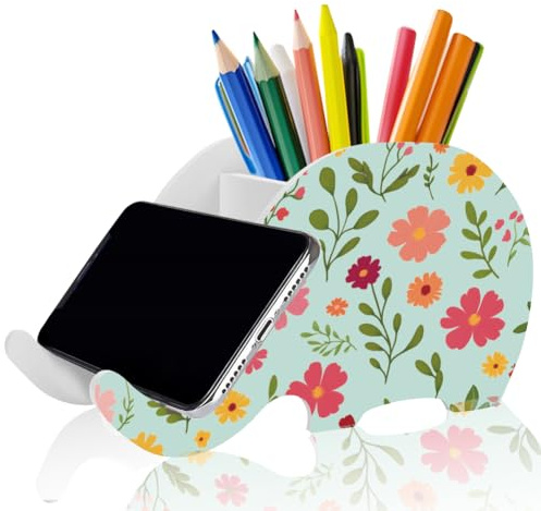 ORIGACH Elephant Shape Pencil Holder With Phone Stand | Pen Pencil Holders for Desk Office Decor Accessories with Phone Stand Marker Brush Holders Desk Organizer, Flowers
