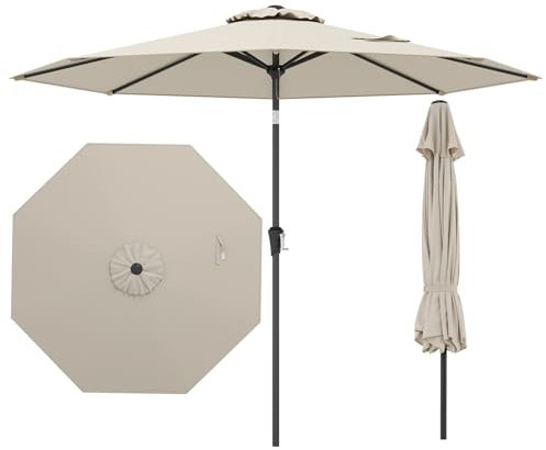 COSTWAY Ombrellone da Giardino 270 cm, Ombrellone da Esterno con Inclinazione Regolabile, Manovella, 8 Stecche, Tettuccio Ventilato, Ombrellone Parasole per Spiaggia, Bordo Piscina (Beige)