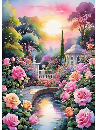 GDYEEH 5D Jardin de Monet Peinture Diamant Painting Kit, DIY Fleurs Art du Diamant Complet Kits, Sunset Diamond Art Kits Strass Point de Croix Painting pour Adultes Débutants Maison Décor 30x40 cm