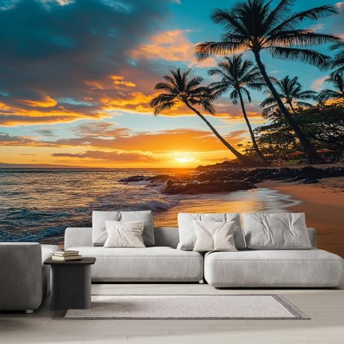 Tramonto Mare Fotomurali 3D Effetto Palme Paesaggio Non Tessuto Murale Carta Da Parati Decorazione Da Parete 400x280cm Per Soggiorno Camera Da Letto Ufficio