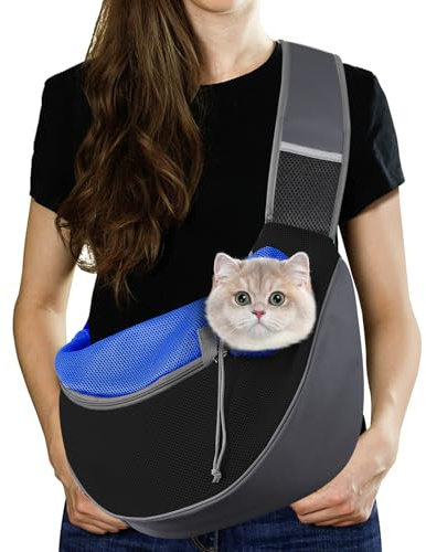 Pawaboo Hund Tragetuch Tragetasche, Hand Frei Atmungsaktiv Mesh Tasche für Welpen Katze, Drawstring Hund Papoose mit Verstellbarem Riemen und Tasche, Crossbody Schulranzen Hunde Handtasche, S, Indigo
