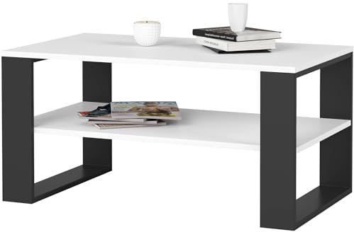 AKORD Couchtisch Holz Alex mit einem Regal, 92x45x53cm, Für Wohnzimmer, Schlafzimmer Schrank, Minimalistisch Modernes Design, Schichtstoffplatte 16mm, Farbe Weiß & Schwarz