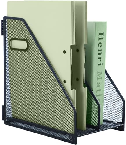 IOUGDSEC Porte-revues en métal pour bureau avec 2 compartiments verticaux, porte-documents A4 avec poignée, porte-documents en maille durable pour bureau, école et maison, noir