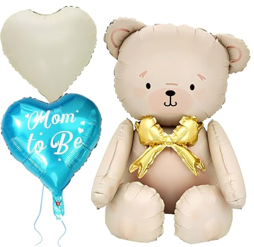 XXL Folienballon Teddybär, Luftballon Bär für Babyparty, Süßer Folienballon Baby Bär, 2 bedruckte Mom to Be Herz-Luftballons - Blau, für Bären-Themen-Party, Geburtstag, Fotozubehör