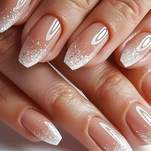 24pcs Square French False Nails, Pink Stick on Nail with Silver Glitter,Glossy Full Coverage,Removable Glue-on Nails Fake Nails for Women Nail Art (Silver Glitter,Pink)