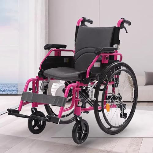 PA-DABAOO Leichter Faltbarer Transportrollstuhl, Tragbarer Rollstuhl Für Erwachsene, Rollstühle Mit Aluminium-Reiserahmen, Schnellspannrädern, 48 cm Sitzbreite,Rosa
