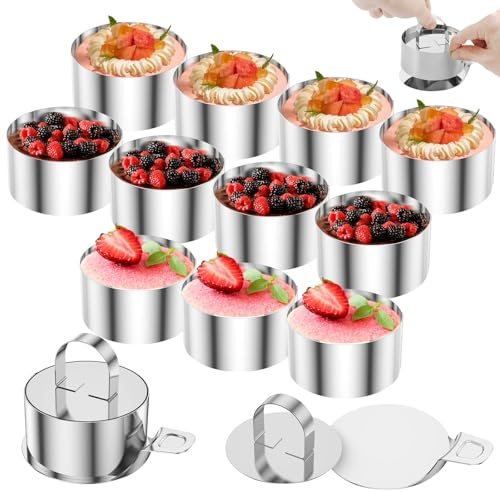 12Pcs Cake Ring Molds Set with Base and Lids, Stainless Steel Easy Release Cake Cutter for Baking, 3 Inch Cooking Ring, Dessert Moulds Baking Tool for Family Cooking Eggs Pastry Mousse Desserts