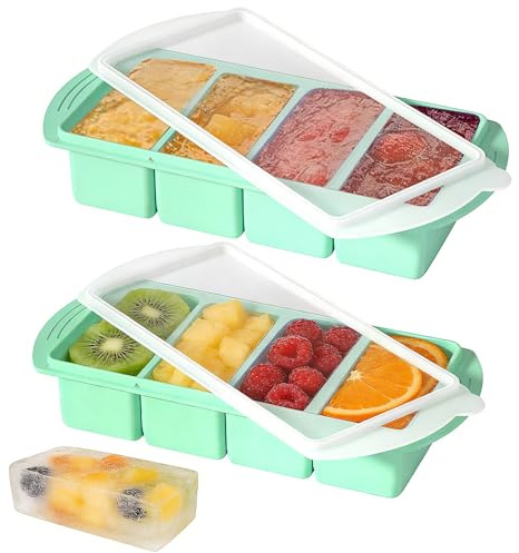SKIKHN Silikon Gefriertablett, 2 Stück Silikon Gefrierform, Stapelbare 1 Tasse/250 ml Suppen Einfrieren Behälter Silikon mit 4 Fächern, Suppe Gefrierschrank Eiswürfelform mit Deckel, für Meal Prep (B)