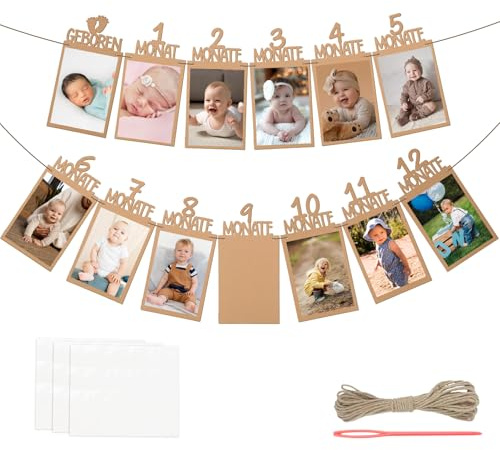 Fotogirlande 1. Geburtstag, für 1 bis 12 Monate Baby Geburtstagsdeko 1 Jahr Kraftpapier Foto Banner für Mädchen Jungen Party Hängende Deko Deutsch Girlande Erstkommunion (Kraftpapierfarbe)