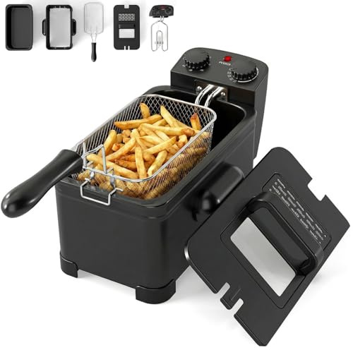 TANGZON 3L/5L Deep Fat Fryer, 2000W Deep Fryers with Adjustable Temperature, Viewing Window, Removable Baskets & Cool-Touch Handle, Easy Clean Electric Fryer for Chicken Shrimp Chips (3L, 1 Basket)