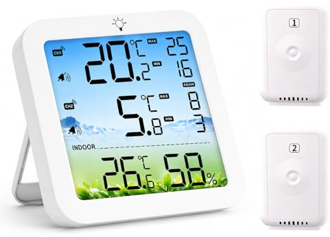 Wireless refrigerator freezer thermometer dual sensor design, backlight function color display screen maximum minimum storage memory function, suitable for kitchen and home use supports USB/batter