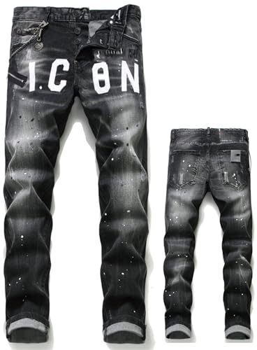 Mens Distressed Paint Splatter Jeans Ripped Holes Skinny Stretch Denim Pants Destroyed Slim Straight Leg Jean